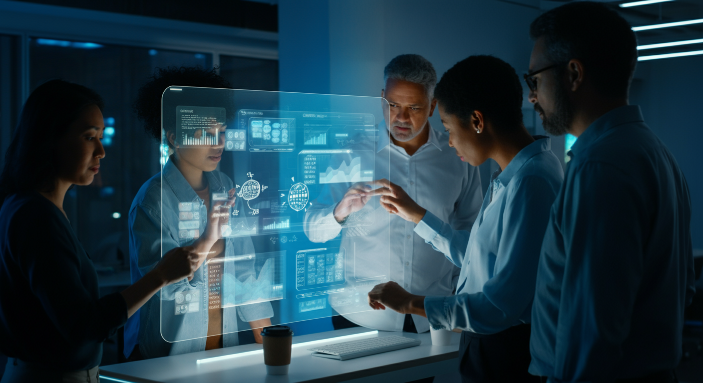 Diverse team collaborating on future content strategy using AI-powered holographic display