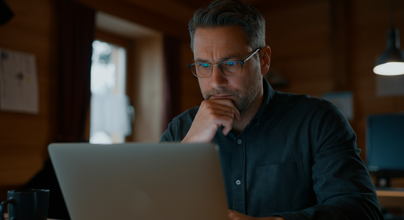 Frustrated German small business owner struggling with laptop for online visibility in Durach