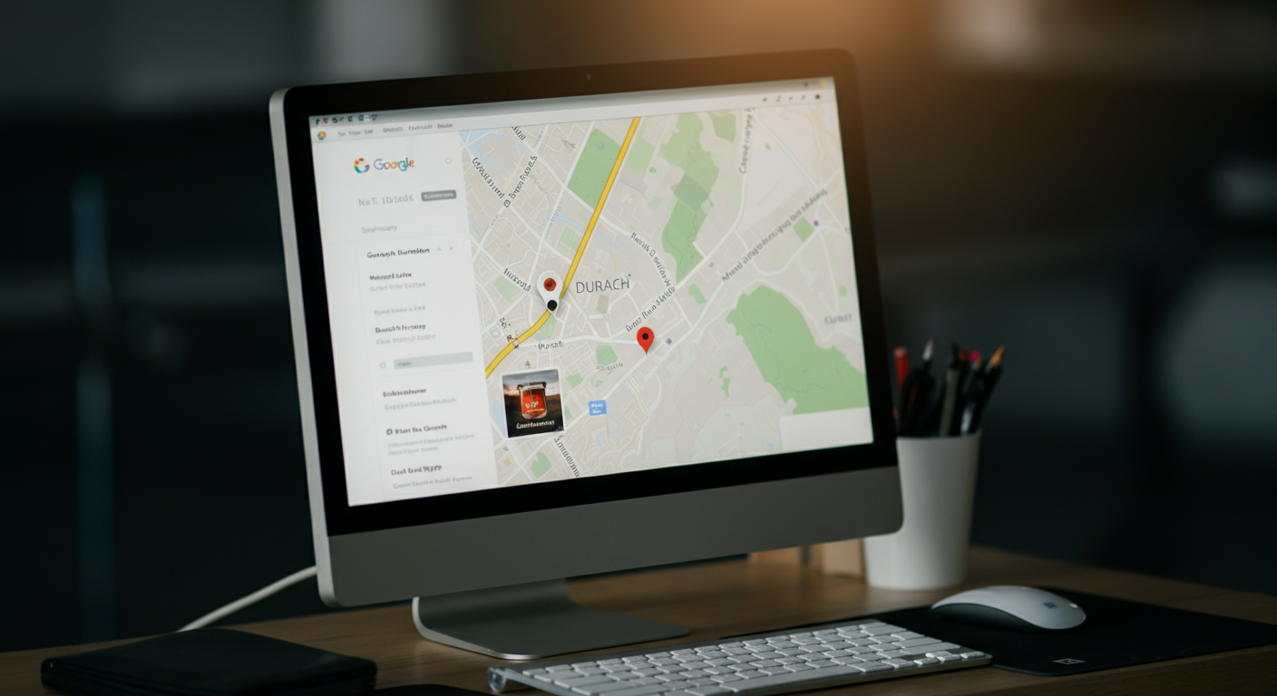 Computer screen displaying local search results and map for Durach businesses, optimized with AI