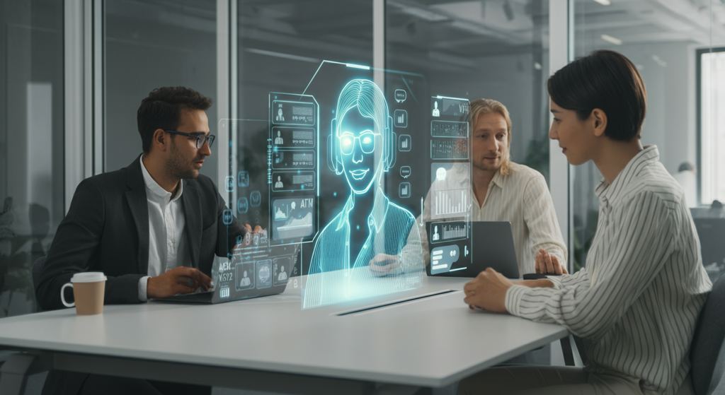 A modern office space in Munich with holographic interfaces showing AI voice agent interactions.
