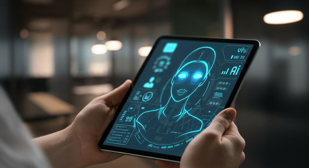 A Munich business professional demonstrating an AI voice agent interface on a tablet, highlighting new revenue opportunities for e-commerce.