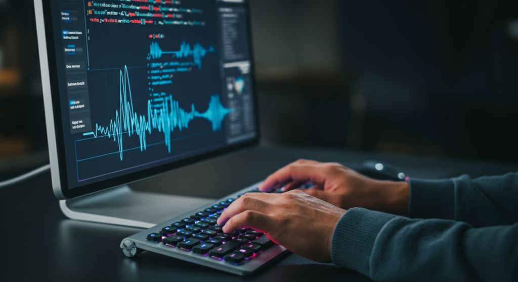 Developer's hands typing on a keyboard with AI code and voice waveform displayed on screen