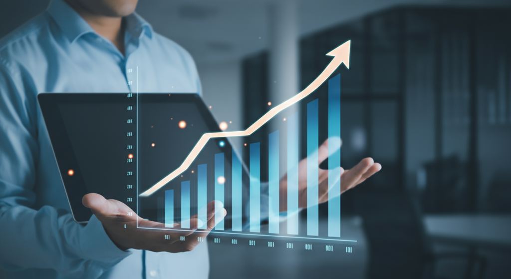 Digital graph showing ecommerce revenue growth with a holographic voice assistant.