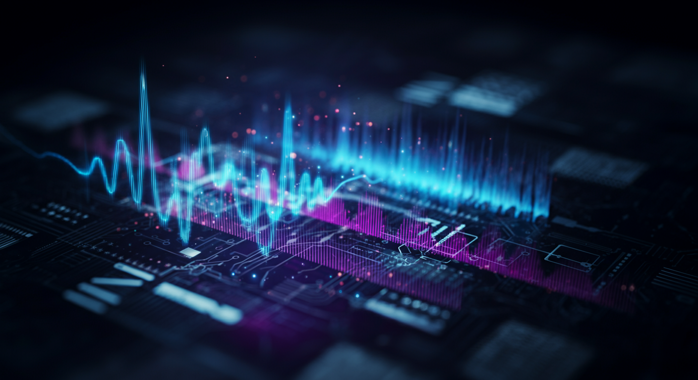 Holographic interface displaying intricate voice wave patterns, representing advanced AI voice agents.