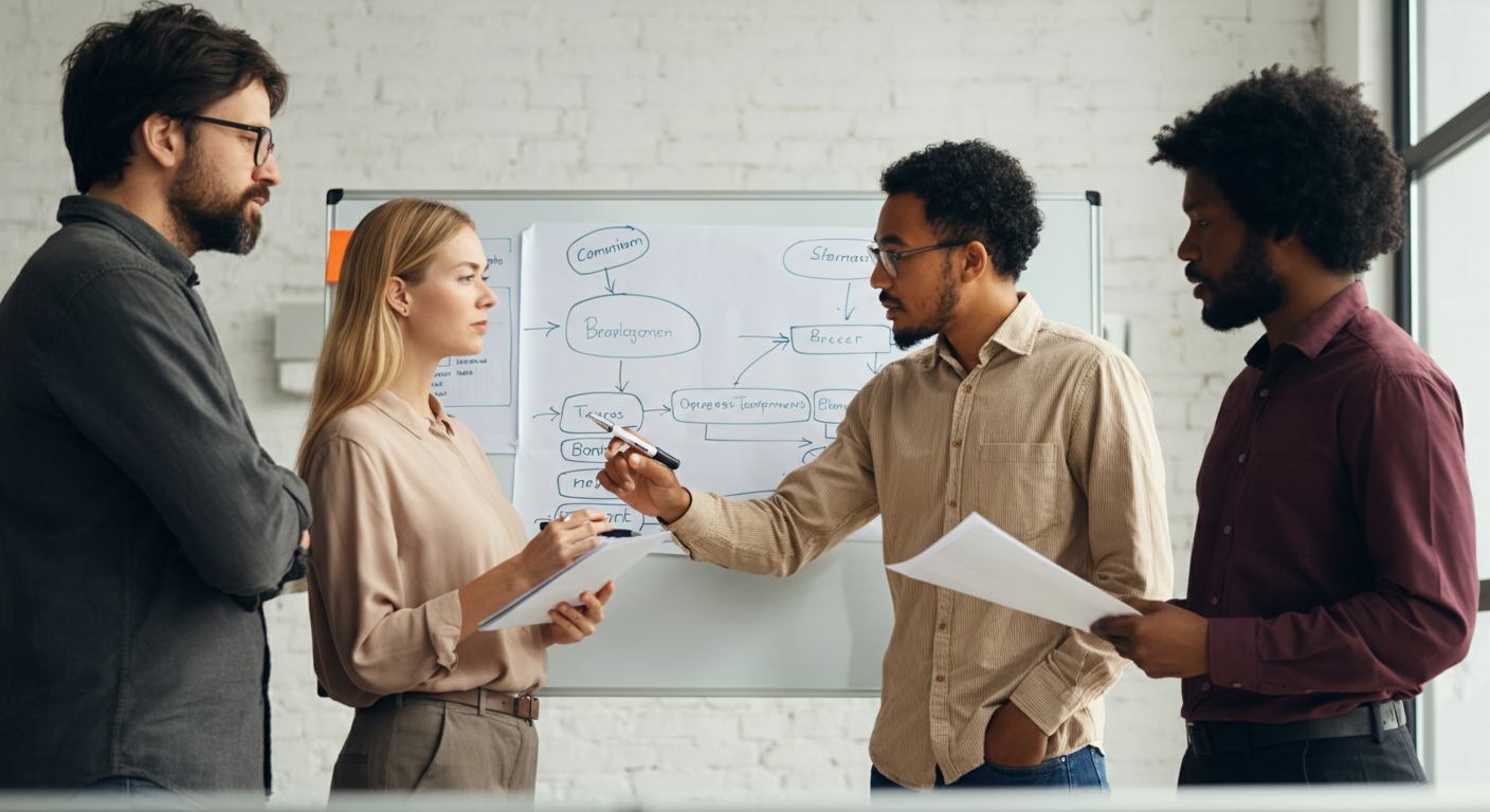 A diverse group of business professionals engaged in a strategic planning session around a conference table.