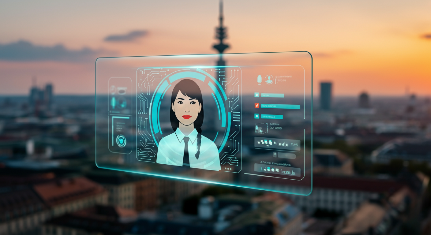 Modern AI voice agent interface with a blurred Munich city skyline in the background