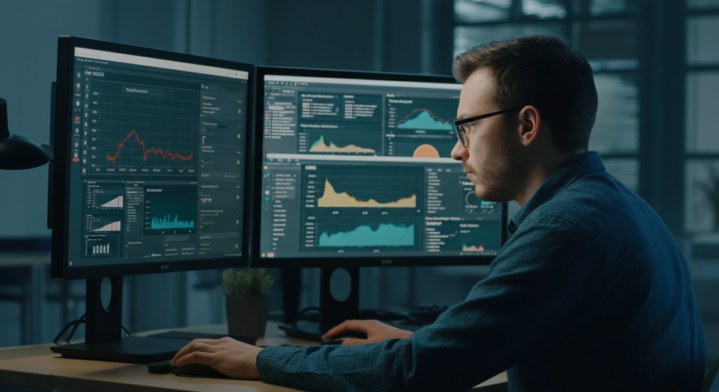 Professional analyzing advanced German SEO data on multiple screens Professional analyzing advanced German SEO data on multiple screens