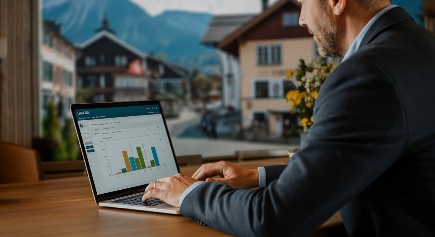 Small business owner in Durach, Allgäu optimizing local SEO on laptop Small business owner in Durach, Allgäu optimizing local SEO on laptop