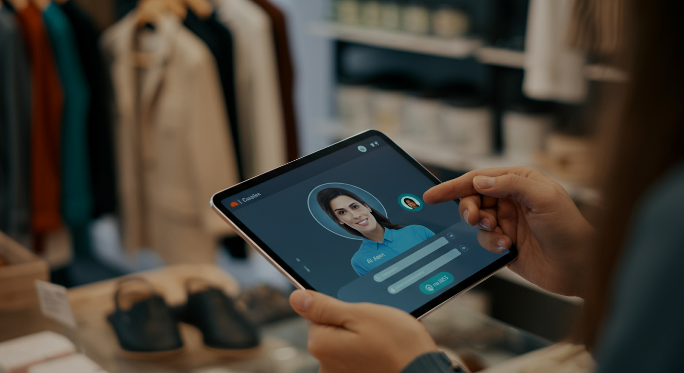 AI voice agent on a tablet assisting a small business owner in an ecommerce setting