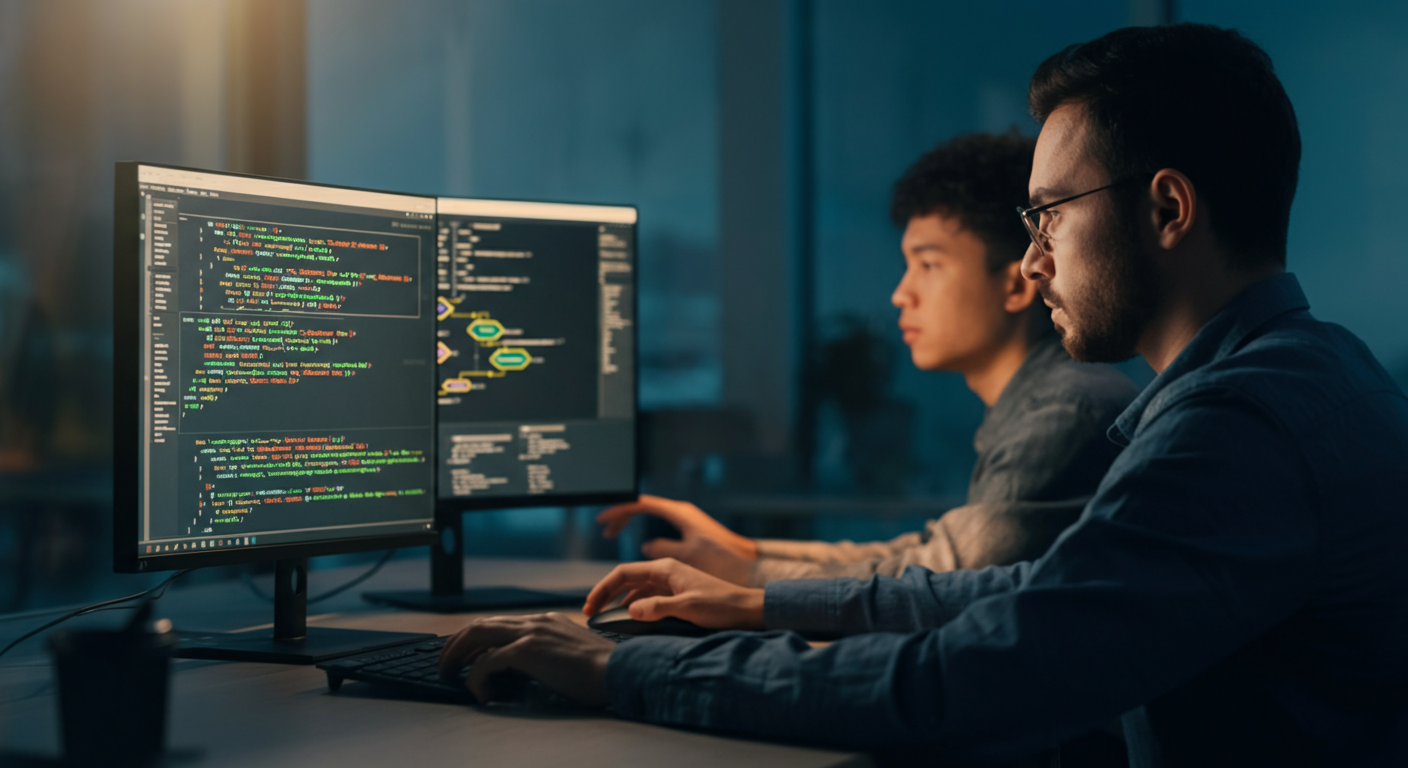 Software developers collaborating on the development and integration of an AI voice agent