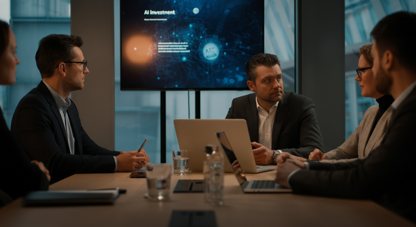 Small business leaders discussing investment in AI technology for growth in a modern office