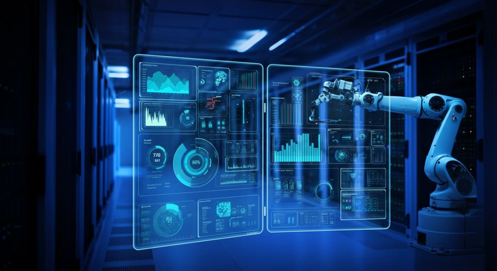 مركز بيانات حديث يعرض عمليات الذكاء الاصطناعي الفعالة مع لوحات التحكم والأنظمة الآلية، يرمز إلى الكفاءة التشغيلية.