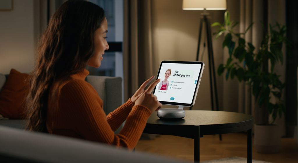 امرأة في ميونيخ تتفاعل مع مكبر صوت ذكي للحصول على توصيات تسوق شخصية عبر الإنترنت، مما يوضح التفاعل المتقدم مع العملاء بالذكاء الاصطناعي.
