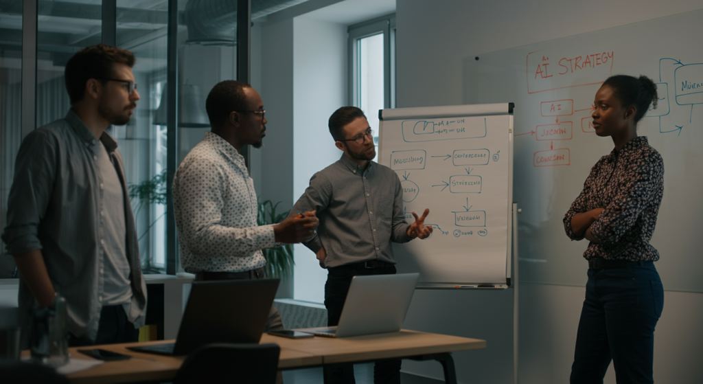 Vielfältiges Business-Team arbeitet in einem modernen Münchner Büro an einer KI-Strategie, fokussiert auf E-Commerce-Wachstum.