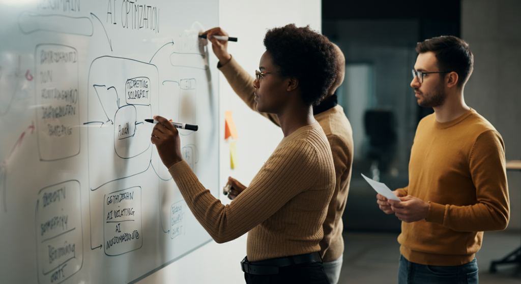 German business team planning AI optimization and scalability strategy on a whiteboard