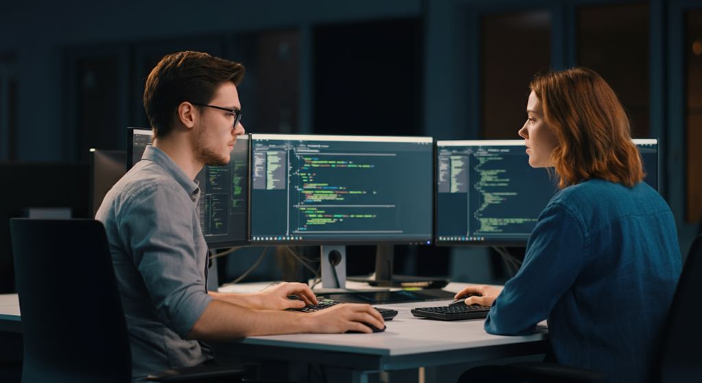 German software developers collaboratively testing an AI automation workflow in a modern tech office