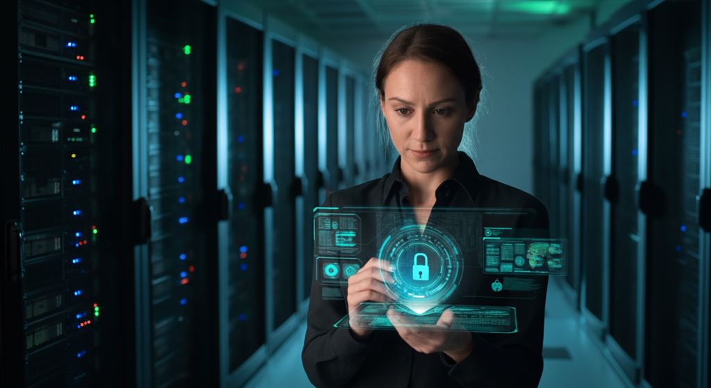 Cybersecurity expert overseeing secure AI workflow automation in a certified German data center