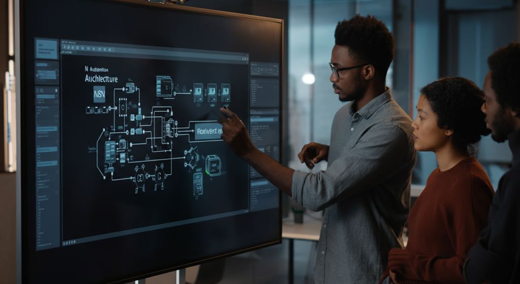 Team of engineers designing a scalable n8n automation architecture for enterprise optimization