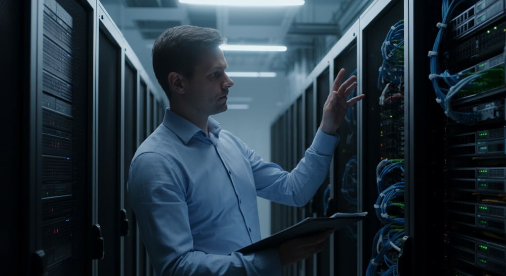 IT professional analyzing server racks in a German data center for n8n automation challenges