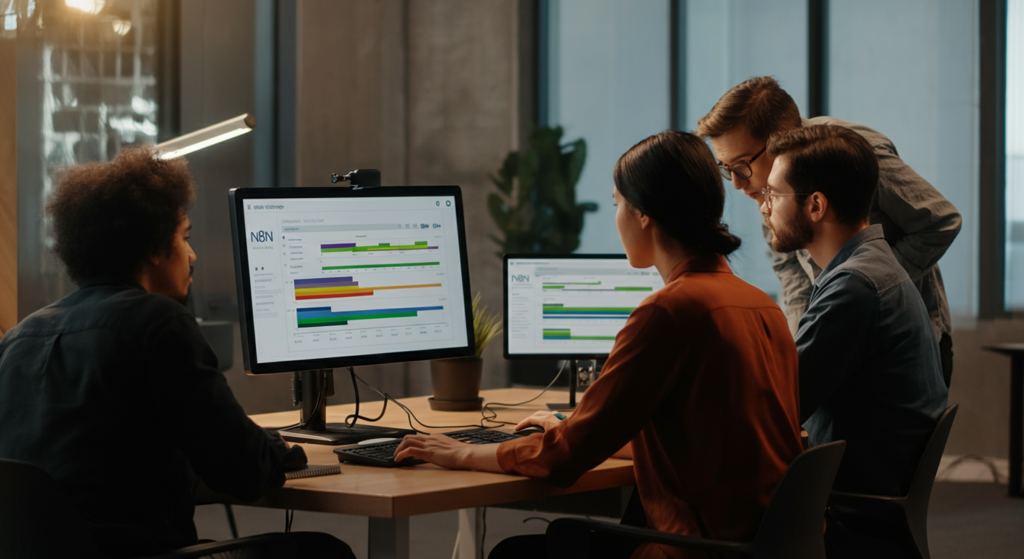 Technical team reviewing n8n workflow dashboards for continuous improvement and troubleshooting automation