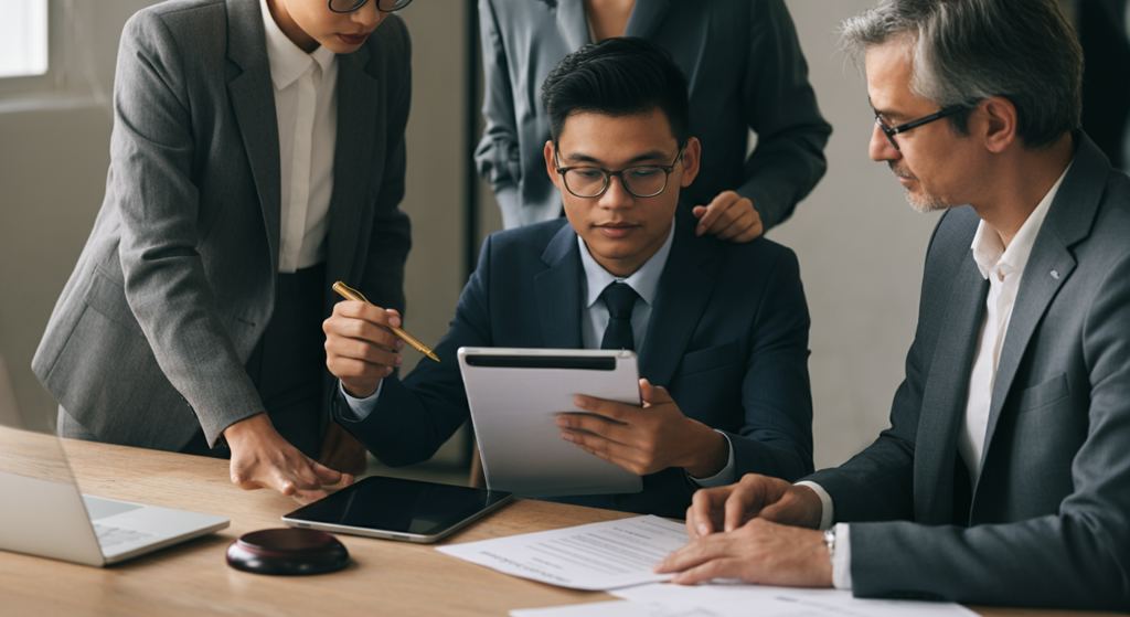 Professionals in Germany reviewing ethical guidelines and data privacy regulations for AI implementation risks