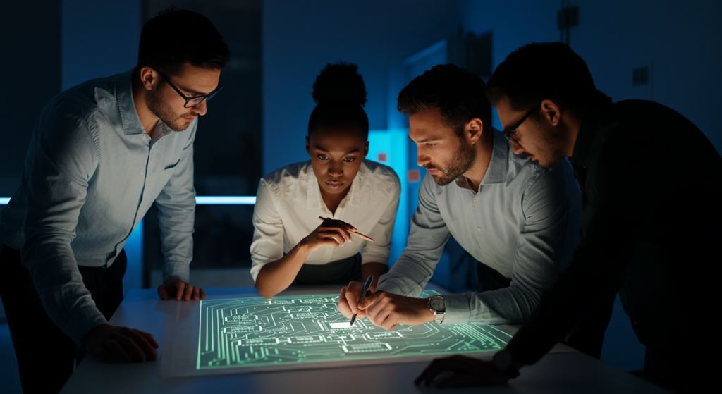 IT managers and engineers collaborating on a strategic AI adoption plan for enterprise-wide deployment in Germany