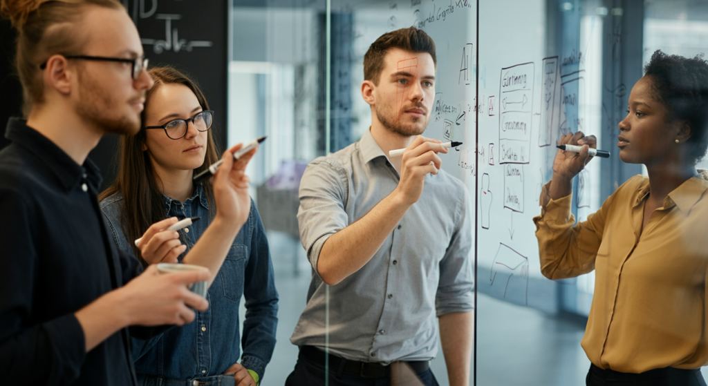 German professionals collaborating on AI-driven growth strategies for sustained business efficiency