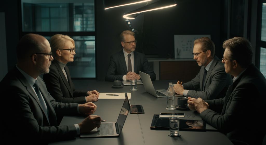 German business leaders in a modern office discussing strategic AI workflow automation plans for 2026