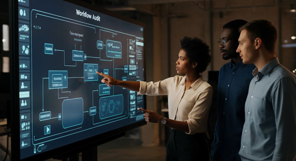 IT managers and operations directors in Germany conducting a detailed workflow audit for AI integration