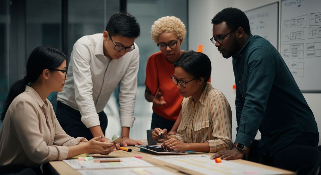 Marketing professionals collaborating on a content strategy and calendar