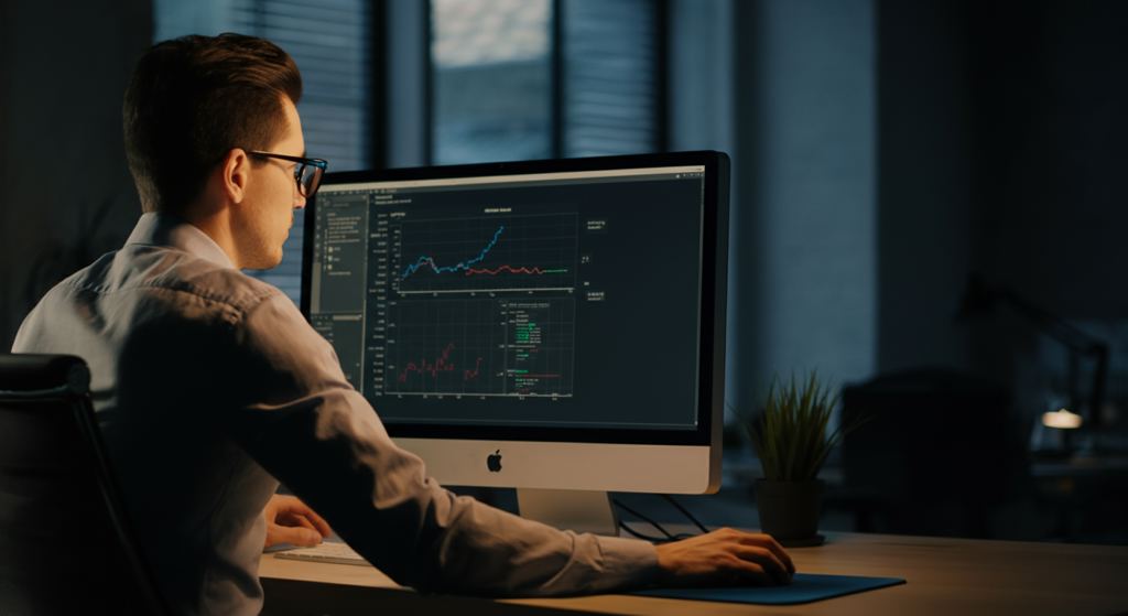 Professional analyzing backlink data on a monitor in an office setting