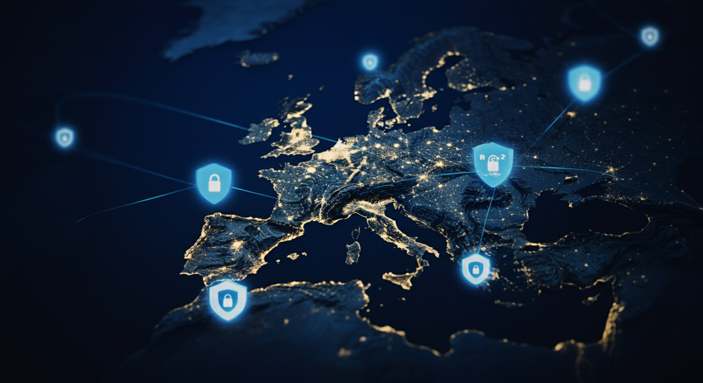 Komplexes Netzwerk digitaler Daten, die sicher fließen, repräsentiert europäische Datenschutz-Marketing-Verordnungen