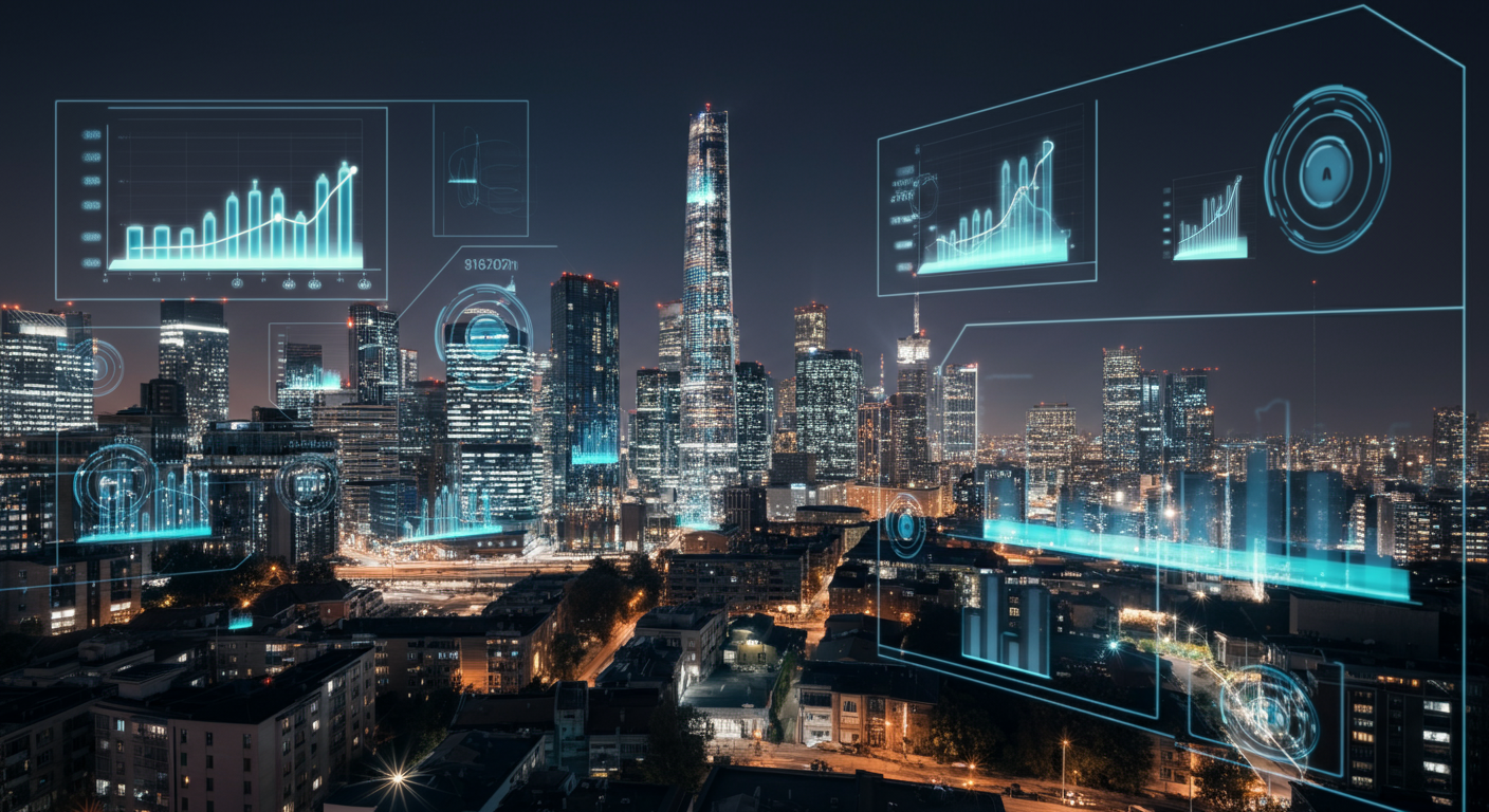 Futuristische Stadtlandschaft einer europäischen Stadt mit digitalen Daten-Overlays, symbolisiert zukunftssichere digitale Strategie