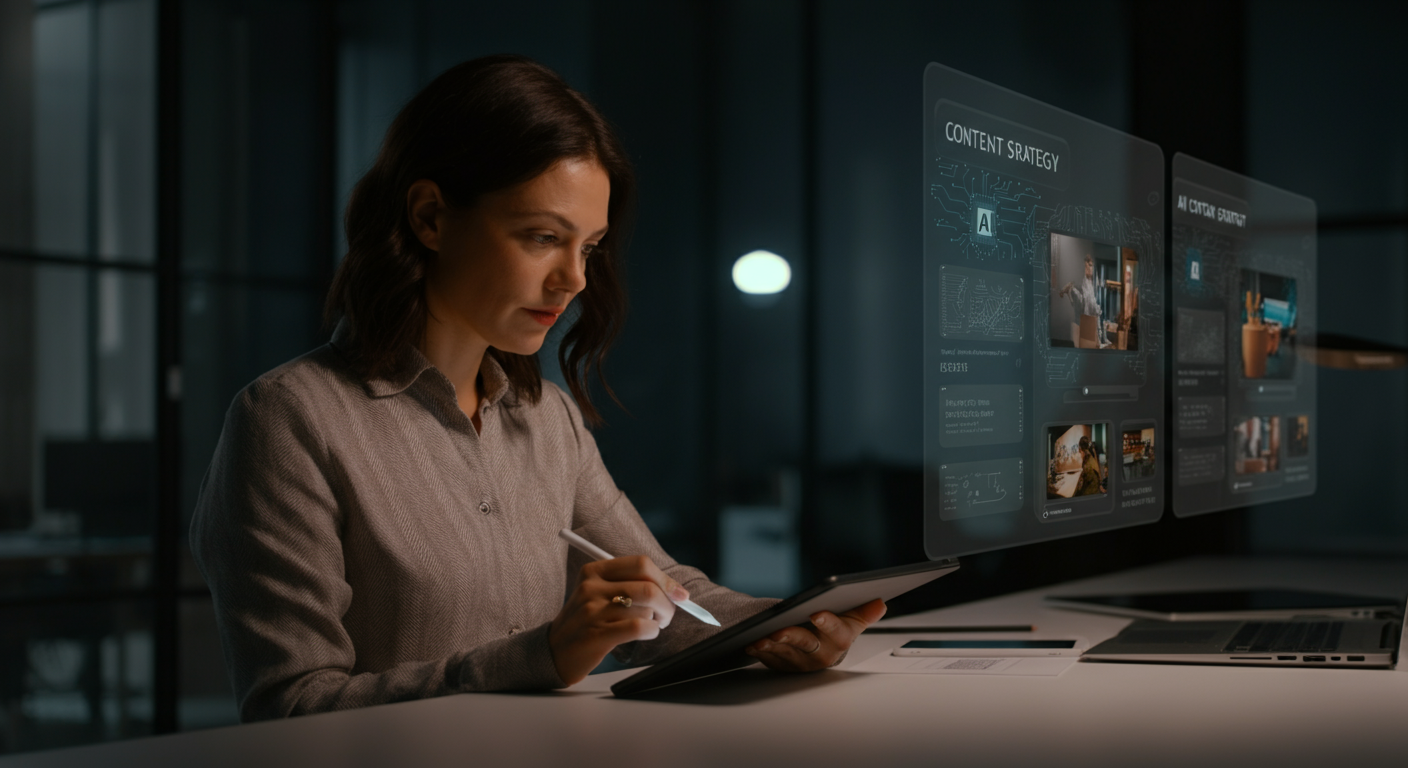 Marketingleiterin plant transparente KI-Inhaltsstrategie auf einem Tablet in einem modernen Büro in München