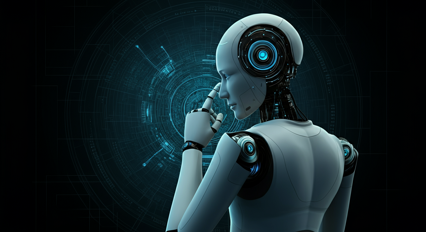 Ein KI-Roboter mit nachdenklichem Ausdruck, der vor einem komplexen ethischen Dilemma steht und zukünftige Herausforderungen symbolisiert