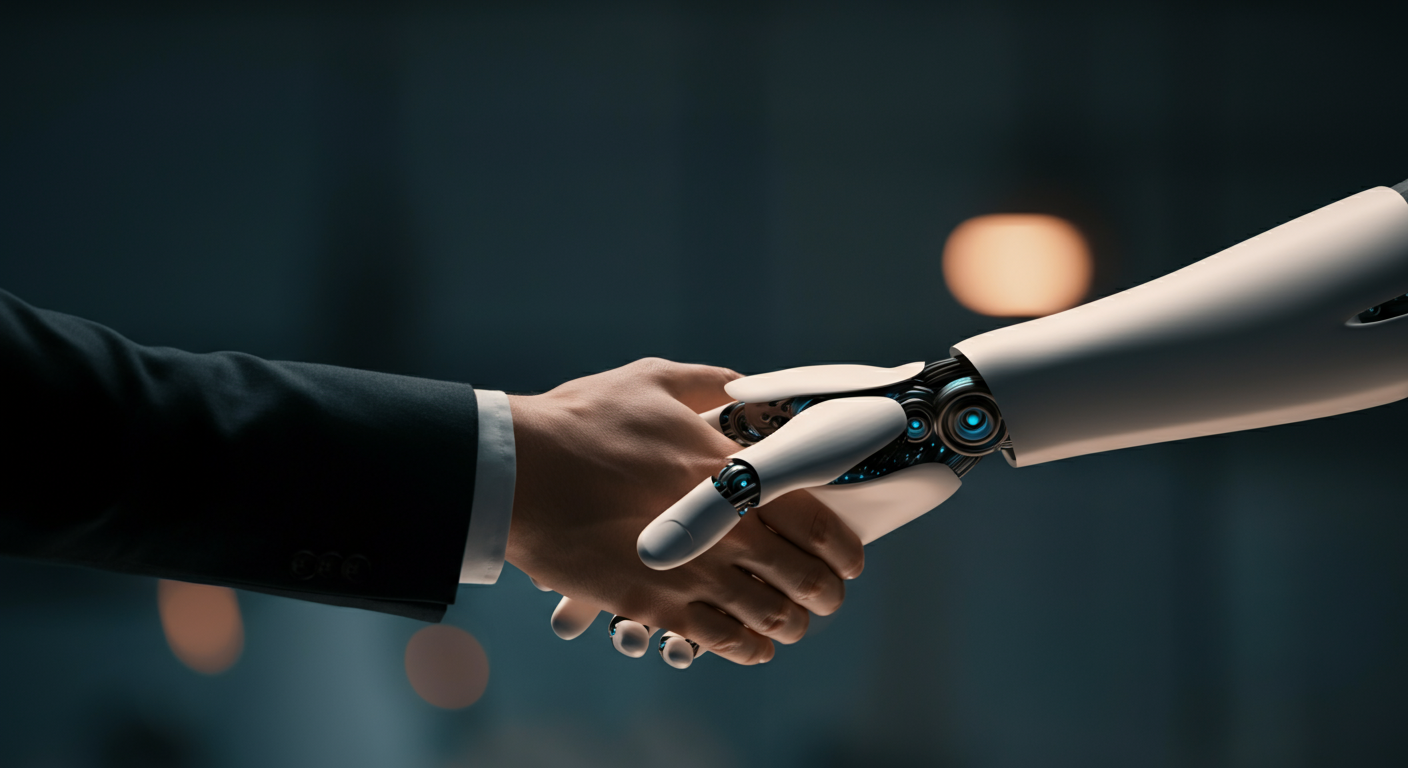 Eine menschliche Hand schüttelt eine Roboterhand, symbolisiert Vertrauen und Zusammenarbeit in der KI