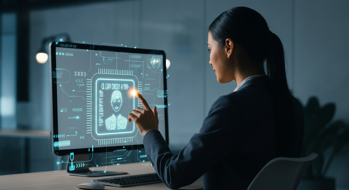 Eine professionelle Frau interagiert mit einem holografischen KI-Sprachagenten-Display in einem modernen Büro