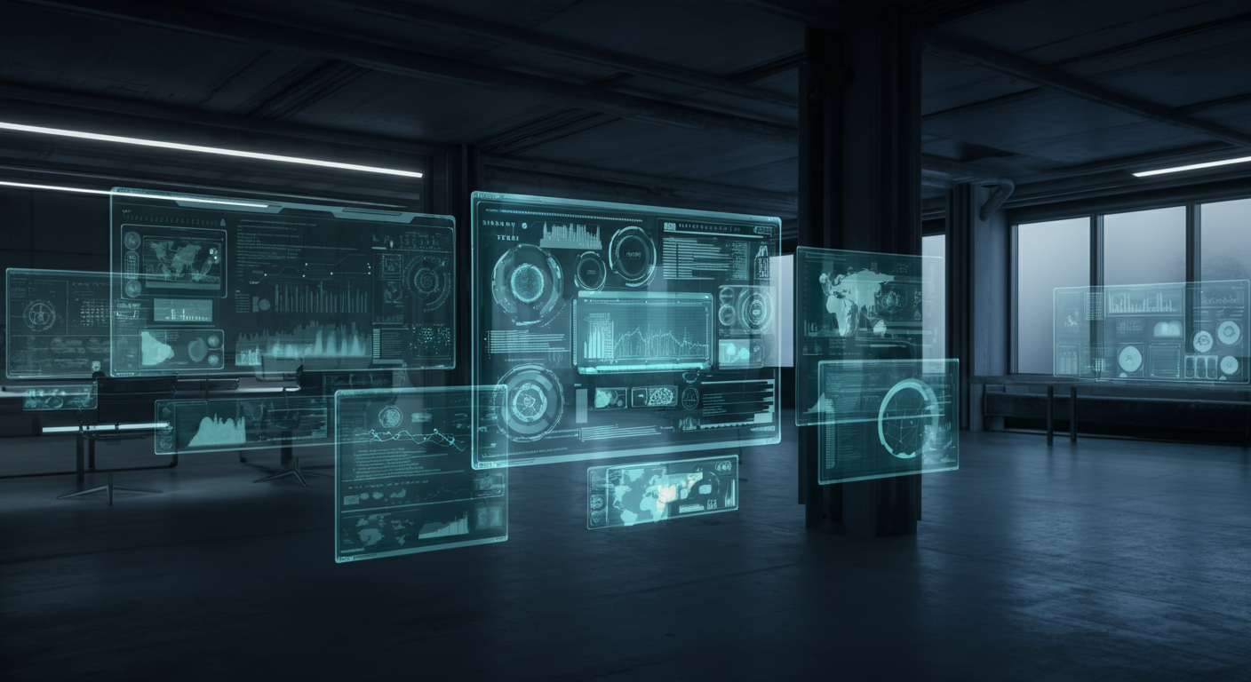 Holographic AI interfaces displaying data streams in a modern German office.