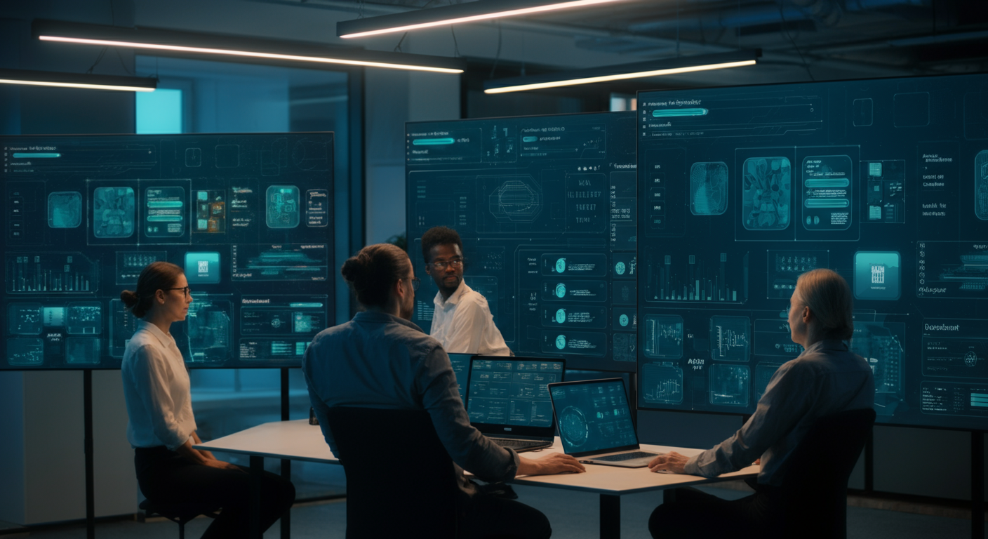 German business professionals collaborating around AI dashboards