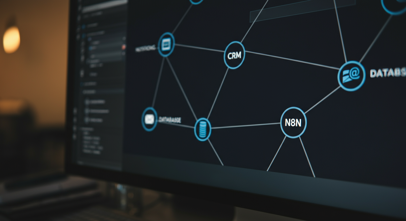 A complex n8n workflow diagram displayed on a computer screen, showing interconnected nodes representing different software applications and services.